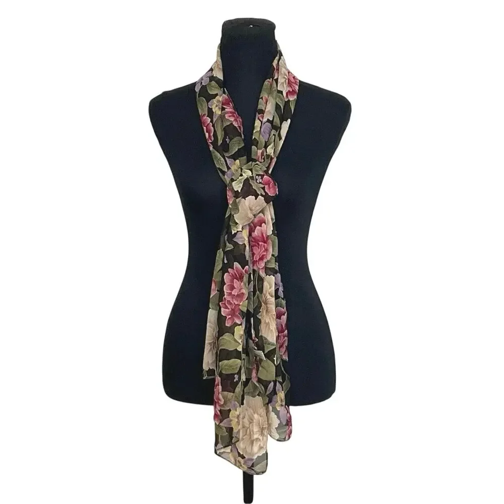 Dana Buchman Floral Sheer Scarf Black Pink Cream 20x69 Lightweight Wrap